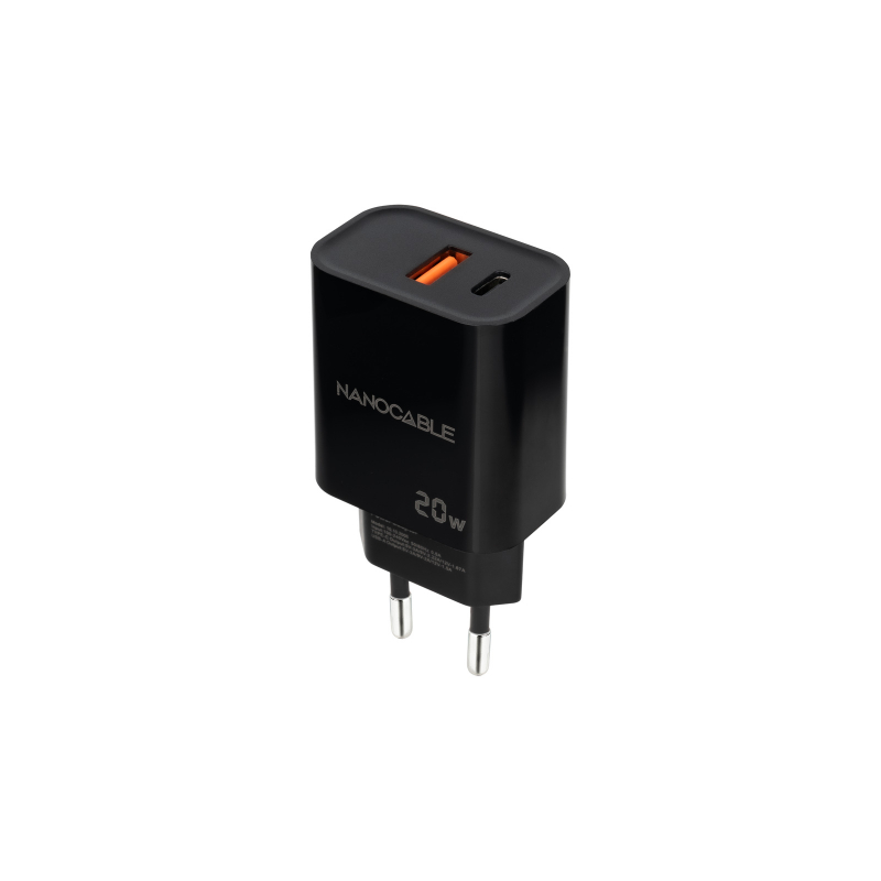 CARGADOR PARED 1XUSB-C PD 1xUSB-A/QC 20W NEGRO NANOCABLE