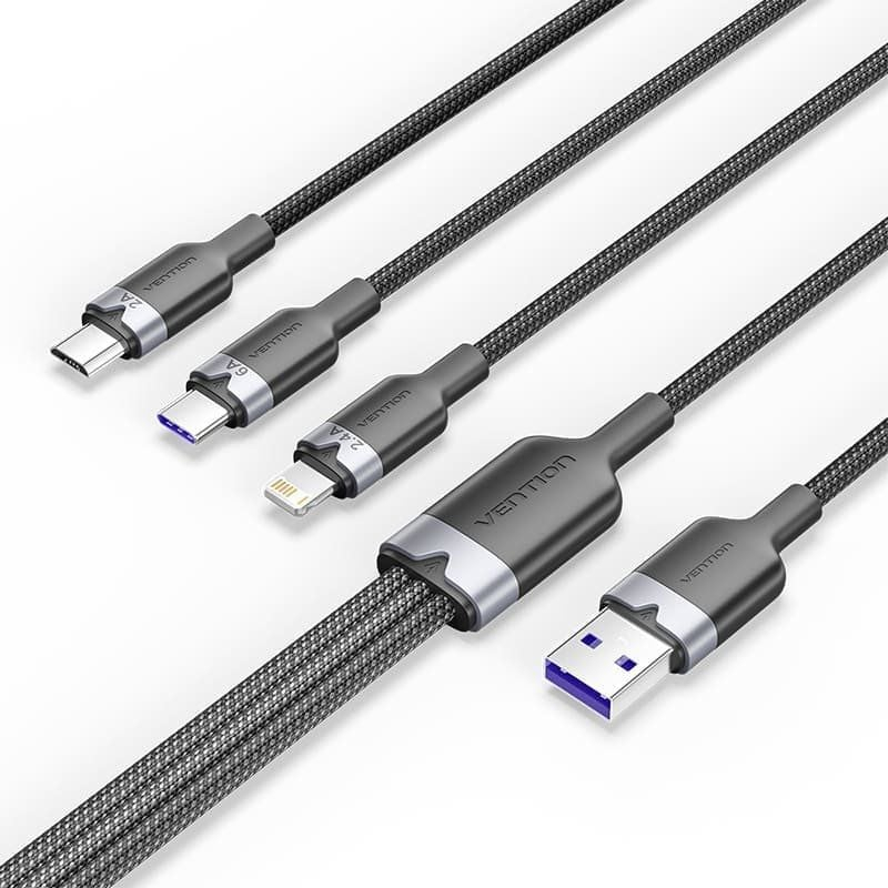 CABLE USB 2.0 A USB-C + MICROUSB/M + LIGHTNING TRENZADO 1.5 M NEGRO VENTION