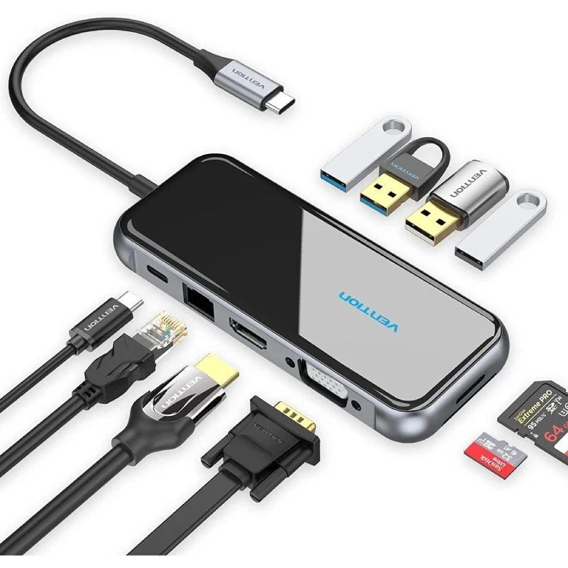DOCKING STATION 10 PUERTOS USB-C VGA/HDMI/4xUSB/USB-C PD/LECTOR/RJ4 GRIS VENTION