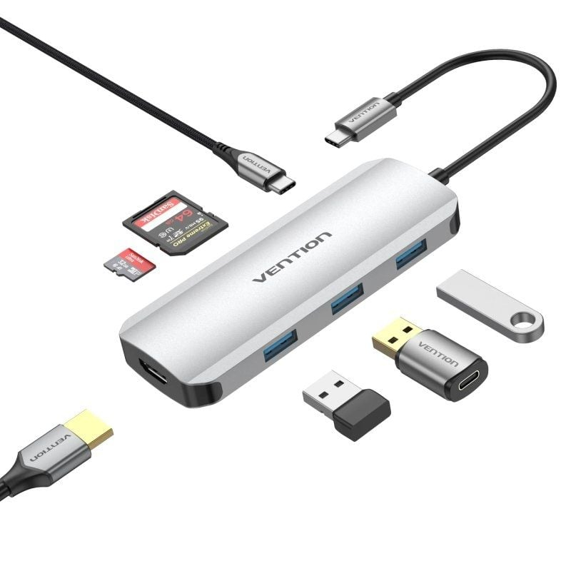 DOCKING STATION 7 PUERTOS PRO USB-C 1xHDMI/3xUSB/1xUSB-C/1xLECTOR GRIS VENTION