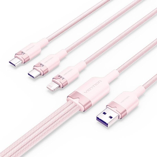 [43162] CABLE USB 2.0 A USB-C + MICROUSB/M + LIGHTNING TRENZADO 1.5 M ROSA VENTION