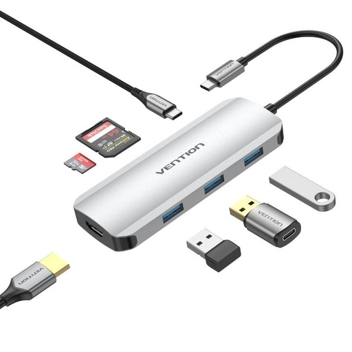[40380] DOCKING STATION 7 PUERTOS PRO USB-C 1xHDMI/3xUSB/1xUSB-C/1xLECTOR GRIS VENTION