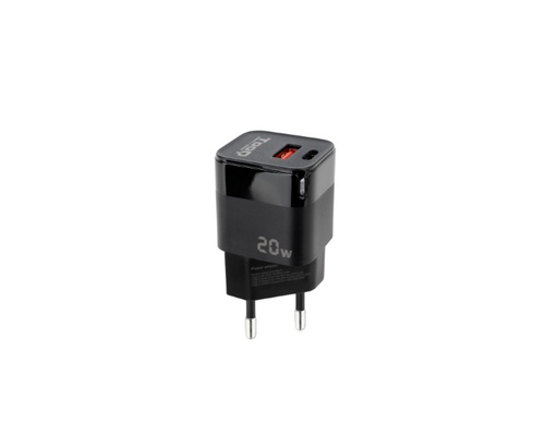 [38981] CARGADOR PARED USB-C/PD + USB-A/QC 20W NEGRO TOOQ