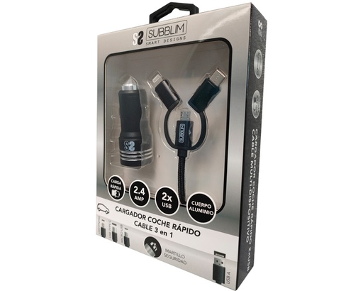 [31610] CARGADOR USB COCHE 2xUSB (2.4A) + CABLE 3EN1 NEGRO SUBBLIM