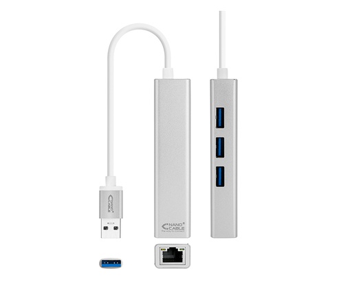 [27393] CONVERSOR USB 3.0 A ETHERNET GIGABIT + 3XUSB 3.0 15cm PLATA NANOCABLE